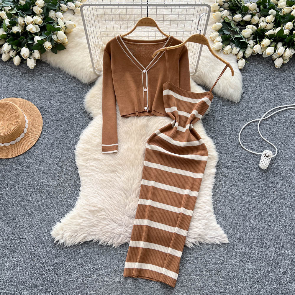 Feminine style outfit: 2025 new arrival - slim-fit striped knit camisole dress with long-sleeved cardigan jacket
