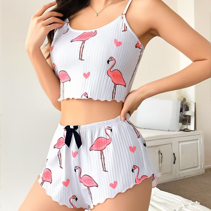 european and american new women's loungewear  hot-selling ribbed print butterfly cami and shorts pajama set