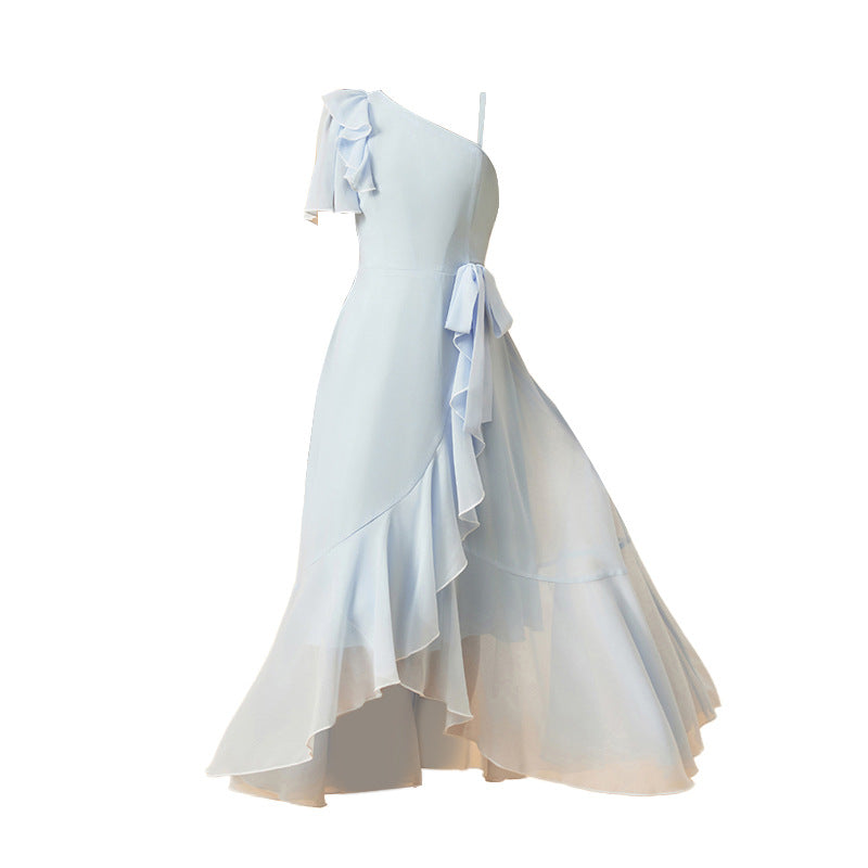 Custom-made european-style chiffon sundress for girls, perfect for export. this flowy and fresh dress features a minimalist design with short sleeves