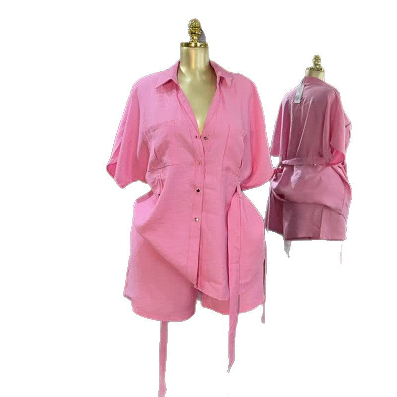 European and american cross-border women's fashion  autumn new arrival: casual turn-down collar loose tie-waist short sleeve shirt and wide-leg shorts set