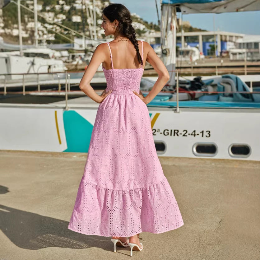 spring/summer new arrival: v-neck camisole dress with a-line silhouette, embroidered floral cutouts, and cinched waist – a slim-fit, cross-border style maxi dress