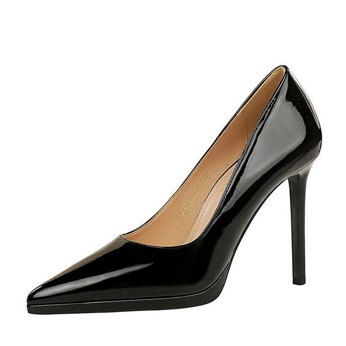 Patent leather high heels for women new arrivalfrenchelegant pointed toe waterproof platform non-tiring feet stiletto work clothingflats nude flats