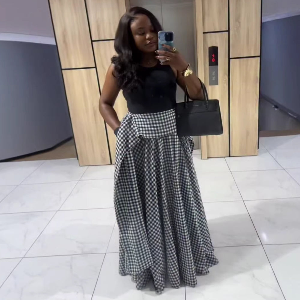 European and american cross-border women's fashion:  summer new arrivals - high-waisted plaid a-line casual versatile maxi skirt