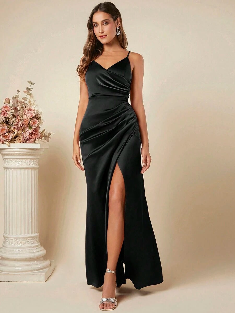 European and american cross-border women's spring/summer new satin slip dress, sexy ruched skirt for foreign trade, bridesmaid dress