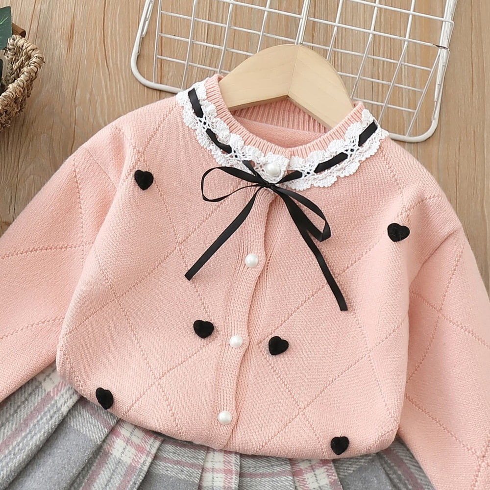 Girls' knit sweater set -  new heart knit sweater korean style tie-up bow soft cardigan two-piece set