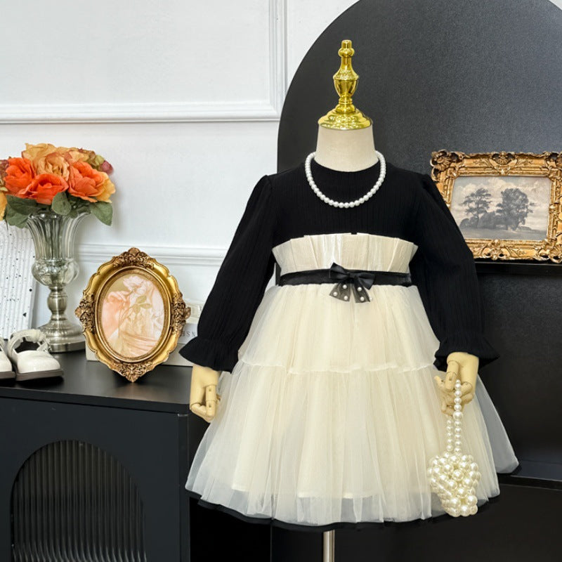 Girls' dress -  spring new arrival - hepburn style bow detail - high-end birthday gown - trendy princess dress