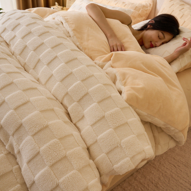 Solid color Tafu fleece four-piece winter thickened milk fleece quilt cover Nantong fleece bedding coral fleece sheets
