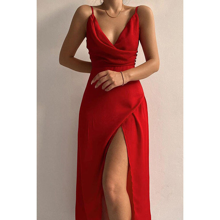 Amazon fashion  summer new sexy v-neck camisole slit fashionable slim-fit dress - women's foreign trade apparel