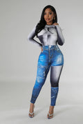 Amazon imitation denim printingstylish women's clothing fashion cross-border summer new arrivallong sleeves tight jumpsuit