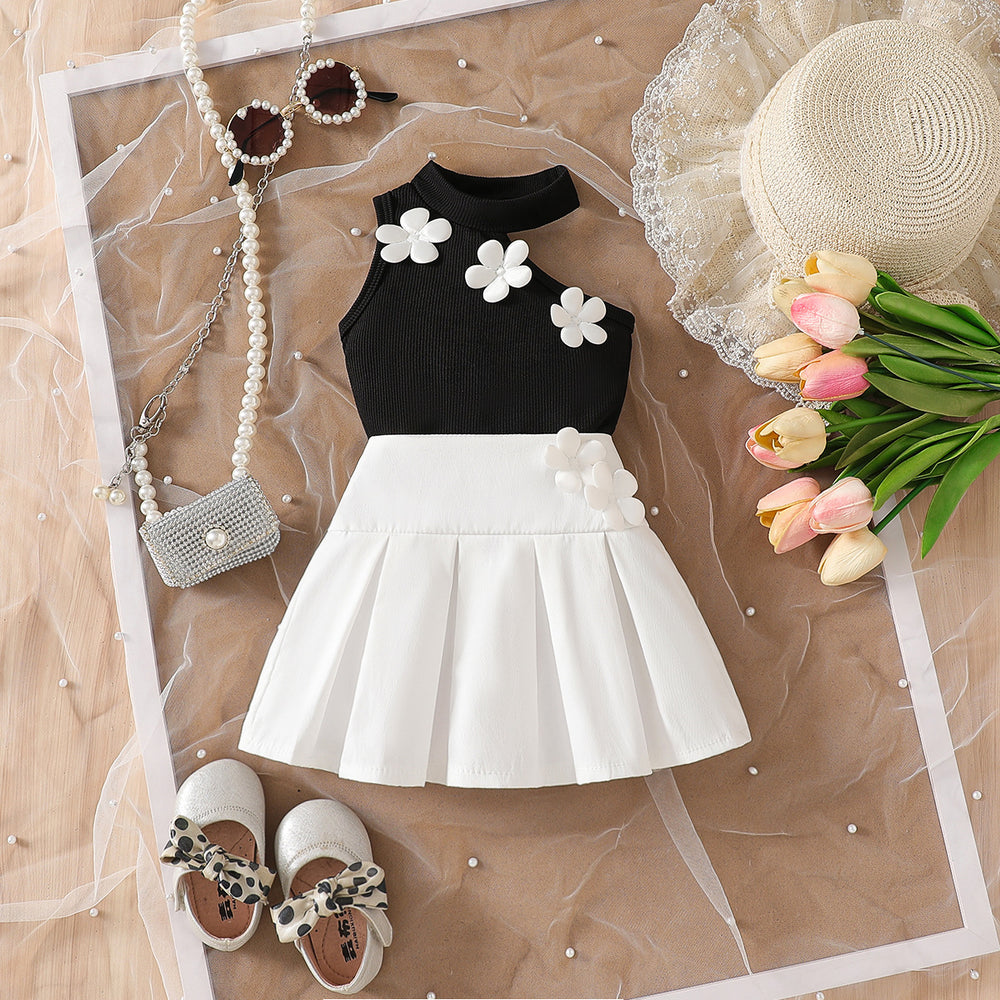cross-border girls' fashion set: european & american style floral solid color halter top + a-line pleated skirt two-piece outfit