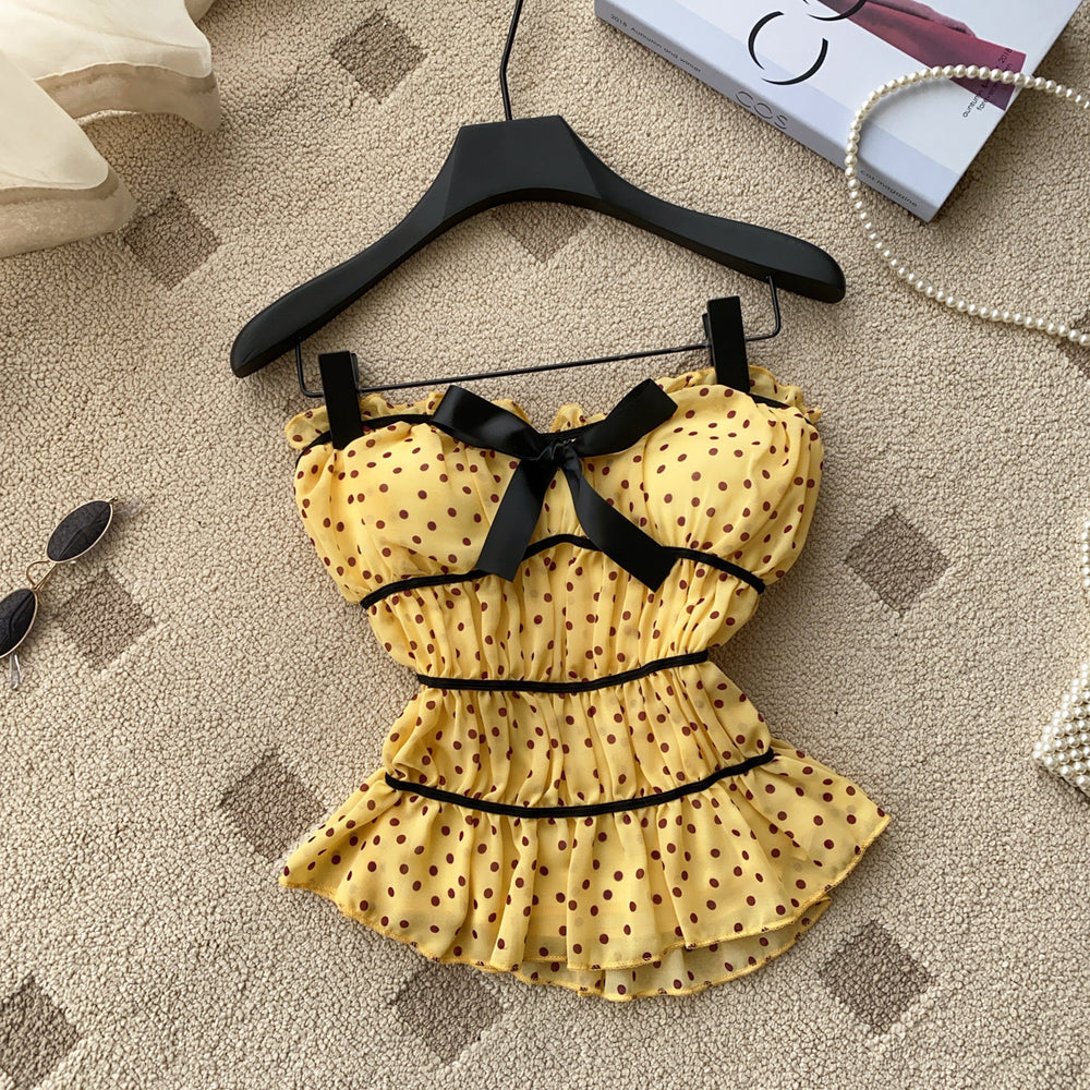 Sweet polka dot work clothing style tube top camisole women's summerruffles waist bows age-reducing tops
