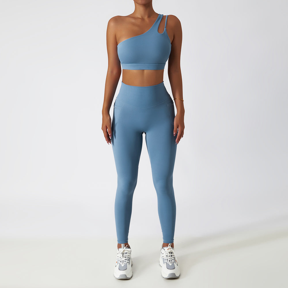 breathable quick-drying tight-fitting yoga clothes flap pocket pants running sports suit diagonal shoulder naked fitness suit6425