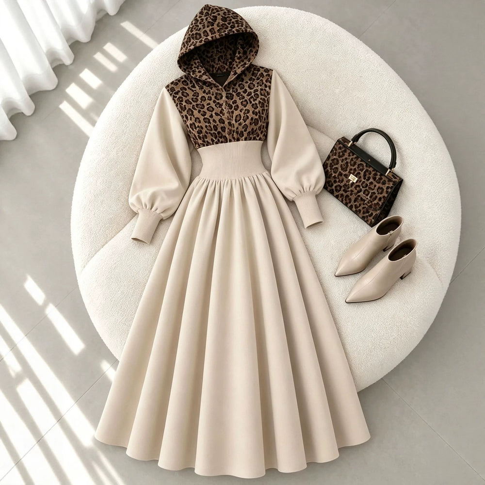 cross-border fashion women's versatile casual hooded leopard print patchwork a-line long slimming dress