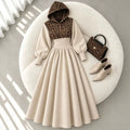cross-border fashion women's versatile casual hooded leopard print patchwork a-line long slimming dress