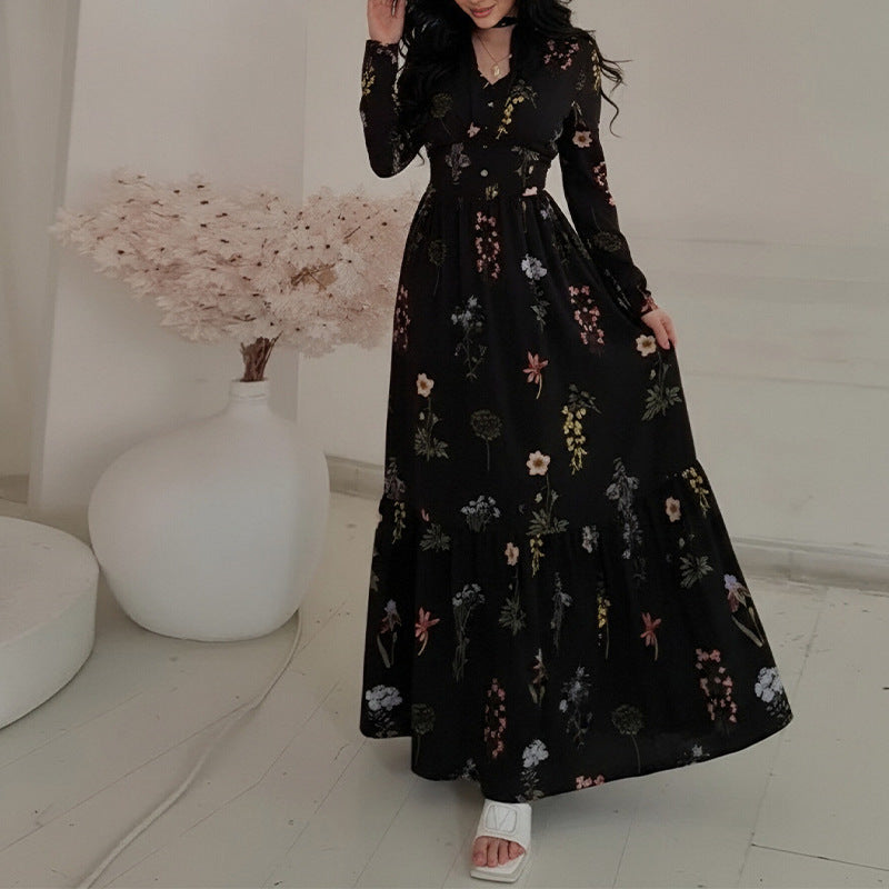 summer new women's clothing: cross-border european and american style dress - casual fashion printed a-line long sleeve dress