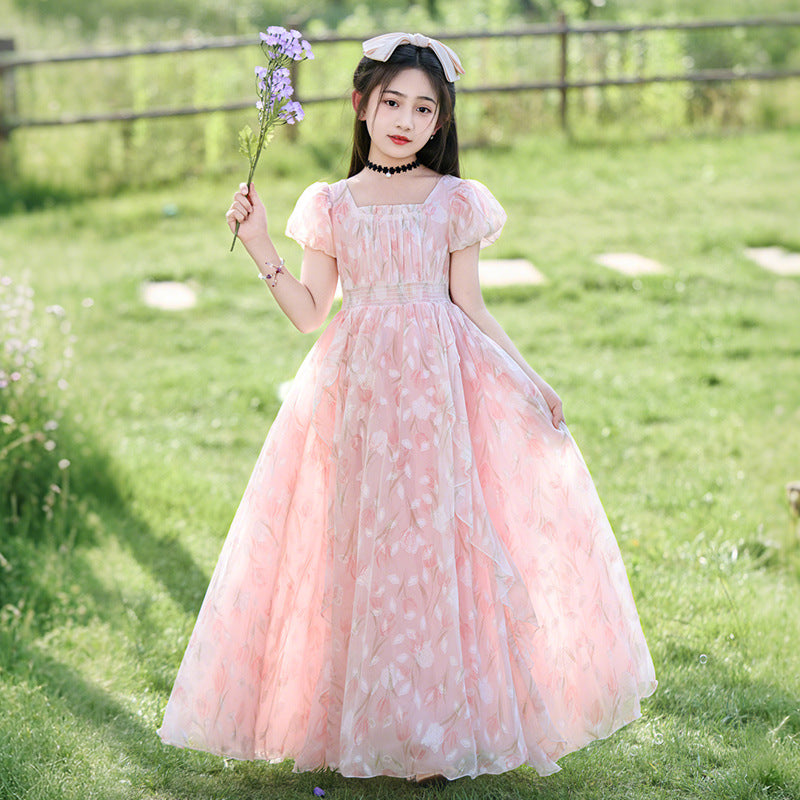 Girldressprintingfloralsprincess skirt long skirt forest style pastoral chiffon waist slimming lookkids skirt lady