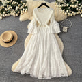 Light mature style lace lantern sleeve cut outdress female stereo flower waist slimming look a-line skirt classy sense of elegant