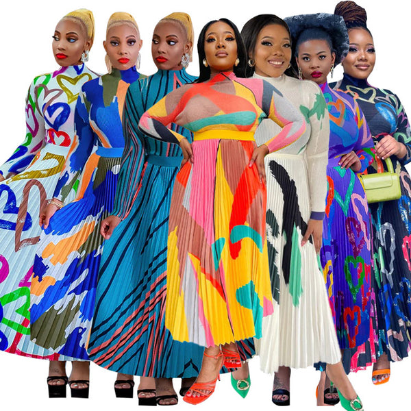 K10389  European and American large-size women's clothing 2023 popular long-sleeved printing pleated two-piece skirt set new