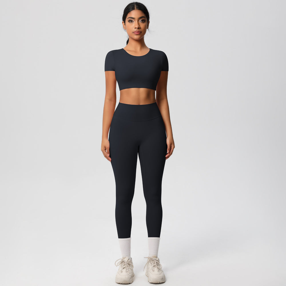 European and american nude feel compression quick-dry short sleeve yoga set outdoor casual training fitness apparel running sports set for women