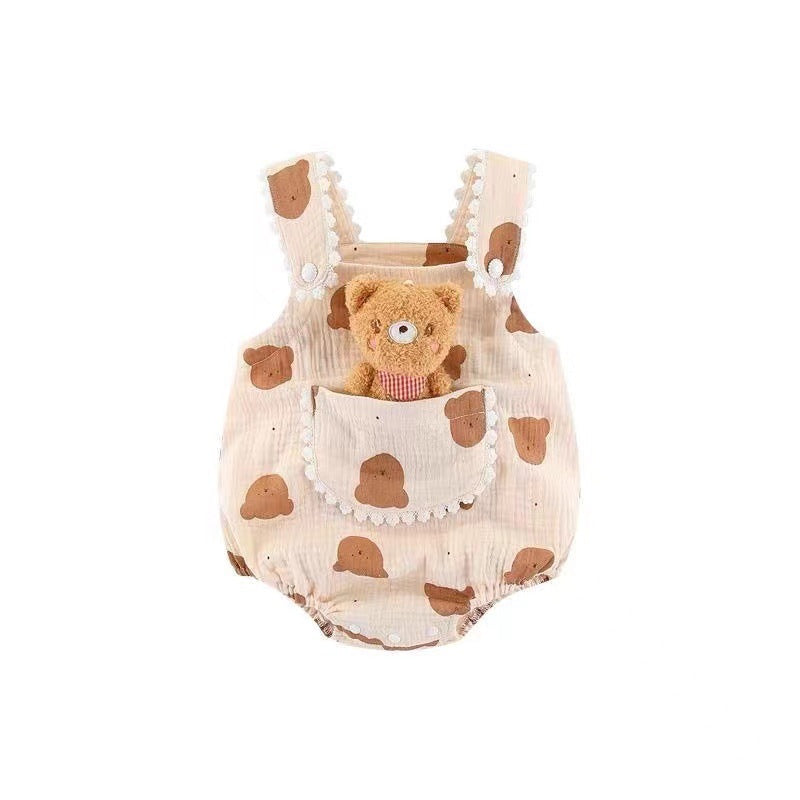 Newborn baby bag butt shirt baby girl short-sleeved khaki romper summer thin summer clothes wide shoulder cute outing romper