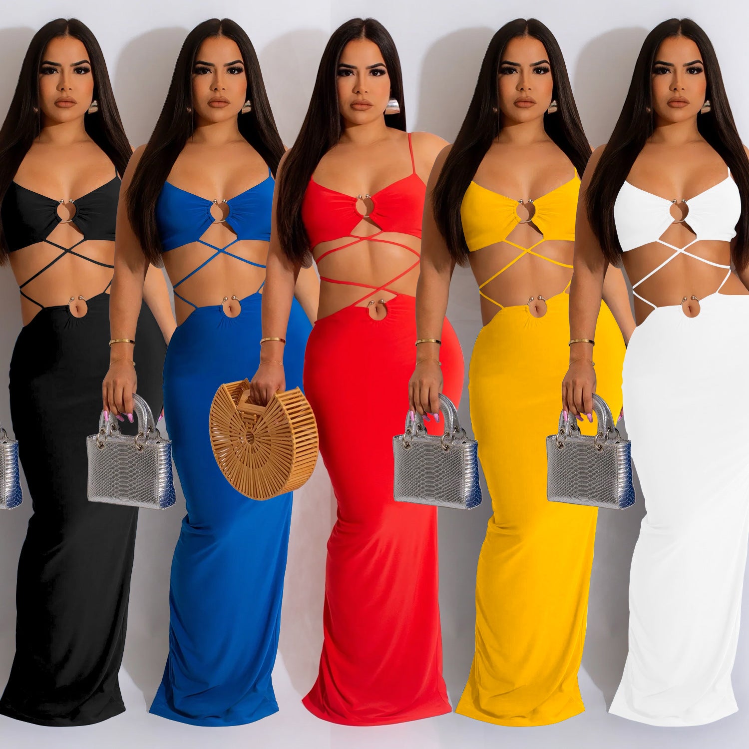 C6309 Cross-border   European and American fashion women's clothing solid color strap iron ring sleeveless long dress dress