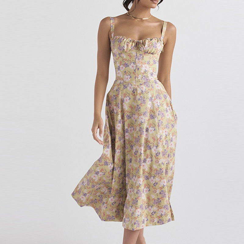 cross-border european and american women's clothing: new summer long dress - printed, cinched waist, sleeveless cami, sexy dress