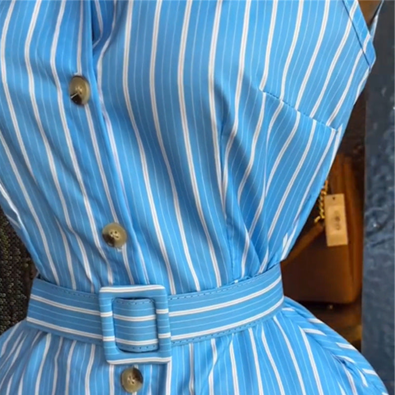 European and american style women's  autumn new collection: sweet and fresh striped turn-down collar sleeveless high-waisted slimming cardigan maxi dress