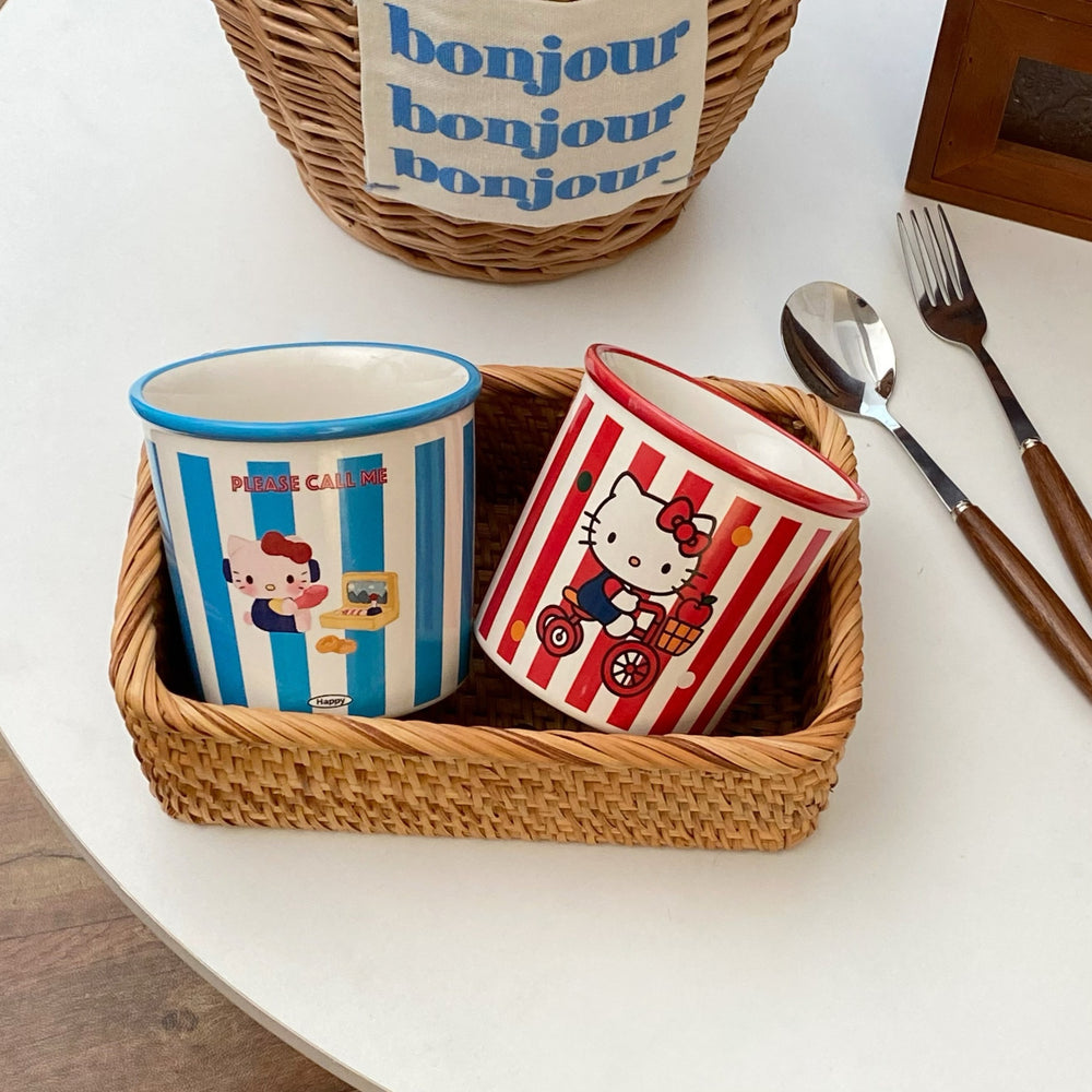 American striped cat ceramic mug - breakfast cup, couple's style, cartoon mug, large capacity, high-value milk cup