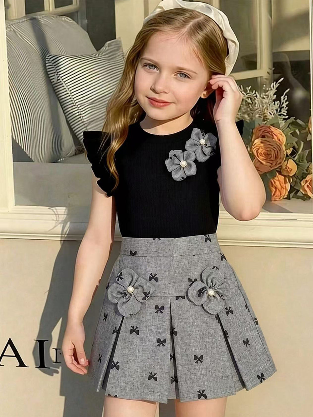 cross-border girls' fashion set: european & american style floral solid ribbed top + a-line pleated skirt two-piece outfit