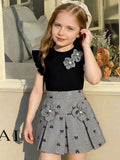 cross-border girls' fashion set: european & american style floral solid ribbed top + a-line pleated skirt two-piece outfit