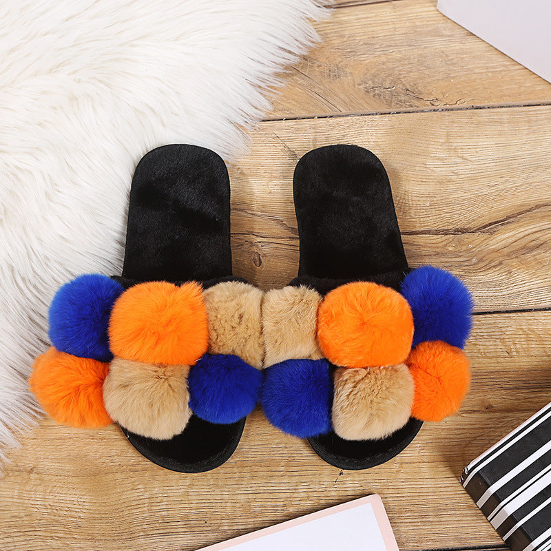 European and american style fashion pom-pom slippers - amazon new autumn/winter collection, plus size fox fur, export model, autumn/winter cotton slippers for women