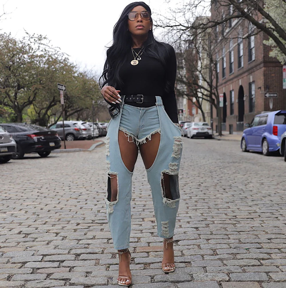 European and american cross-border women's clothing:  women's casual denim jeans, streetwear fashion distressed ripped belted denim pants