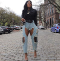 European and american cross-border women's clothing:  women's casual denim jeans, streetwear fashion distressed ripped belted denim pants