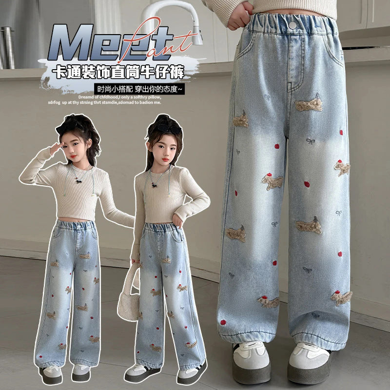 Girls' spring new casual versatile jeans  jacquard wide-leg jeans - stylish and trendy for girls