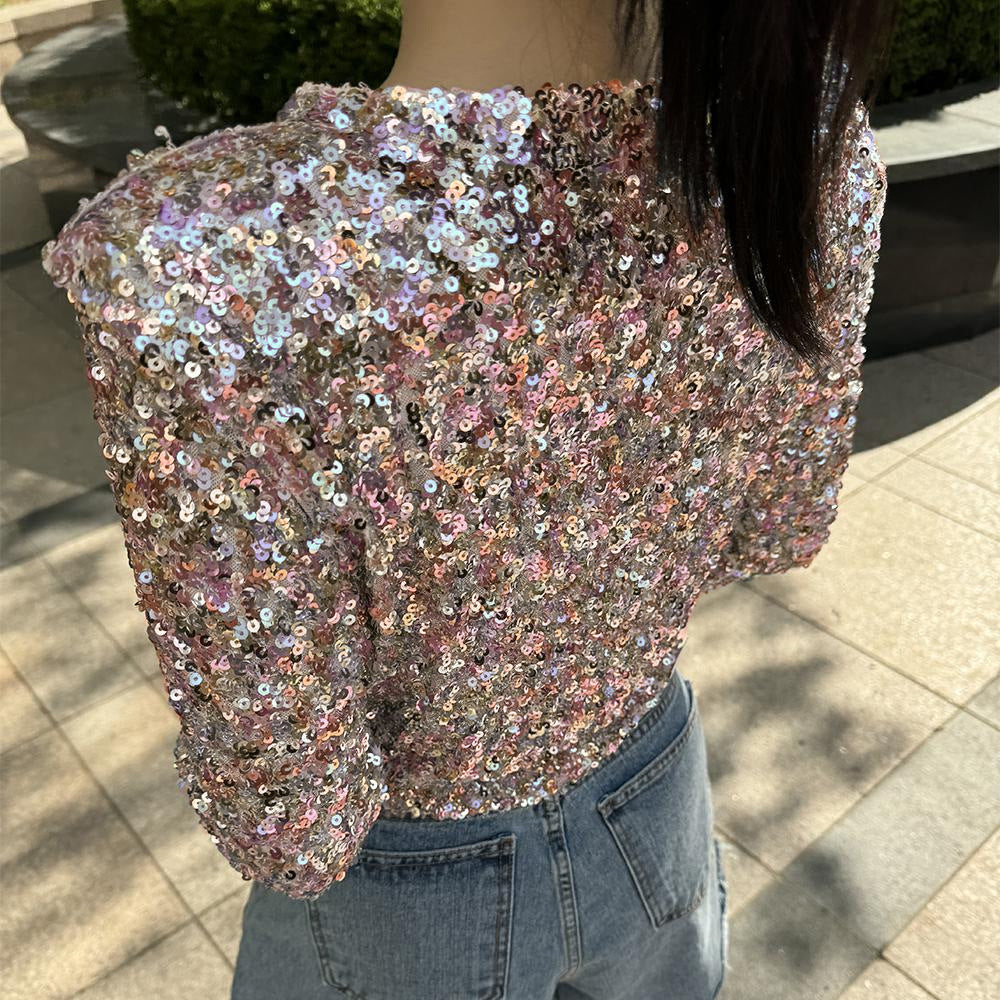 new european and american  style long sleeve urban casual color block loose fit pullover sequin v-neck t-shirt top for women