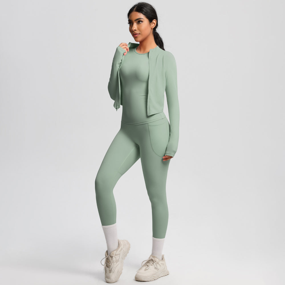 Cloud-soft slim-fit brushed nylon pocket pant set - quick-dry, breathable yoga, running, and fitness activewear three-piece set
