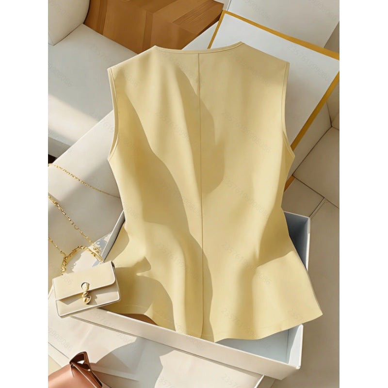 Women's summer new arrival: elegant commute style, minimalist solid color, turn-down collar, slim-fit sleeveless blouse
