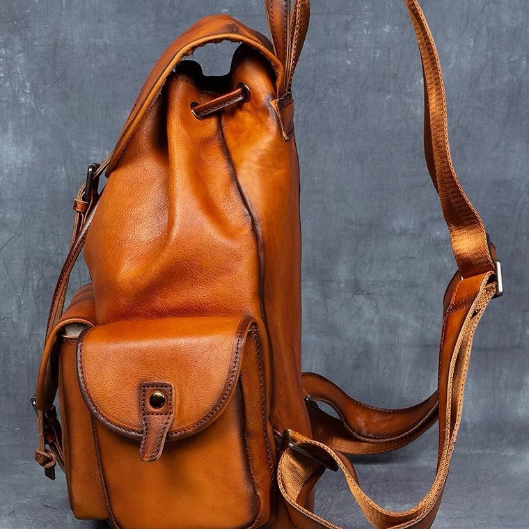 Hs original hand-burnished genuine leather backpack - vintage top grain vegetable-tanned cowhide rucksack for men and women - travel & laptop backpack