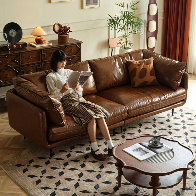 French retro oil wax leather sofa - perfect for living rooms, small spaces, and mid-century modern offices - brown american style