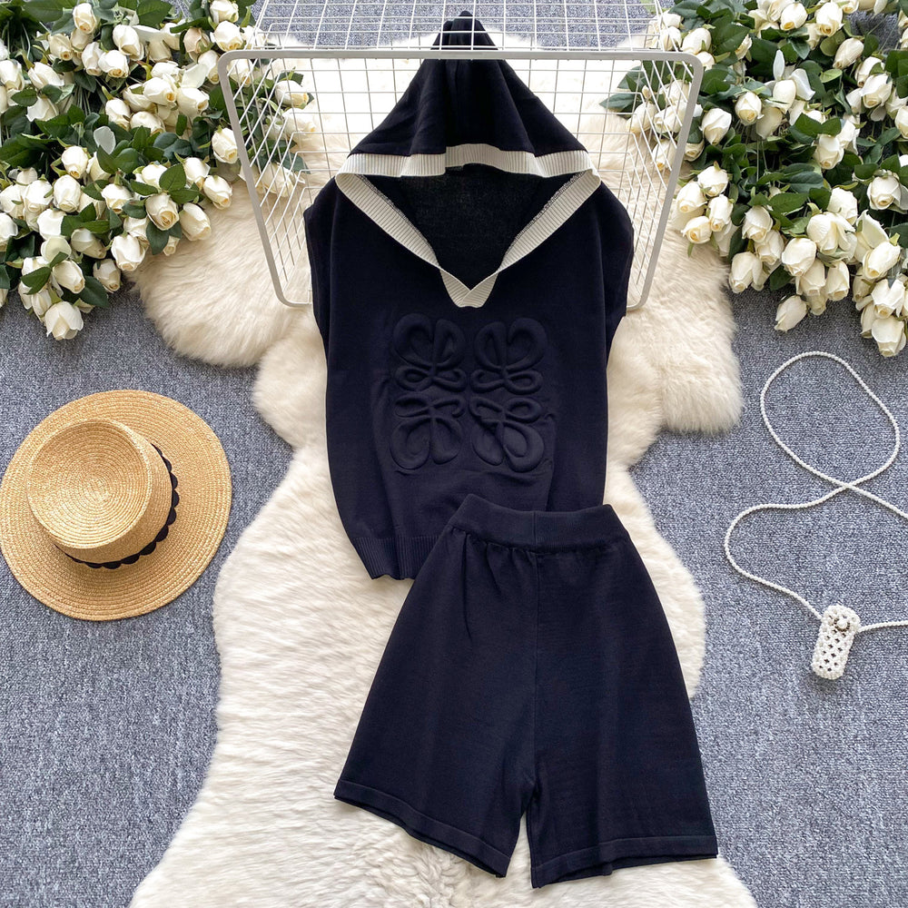 European style fashion set for women - summer design with 3d embossed hooded sleeveless knit top and high-waisted wide-leg shorts