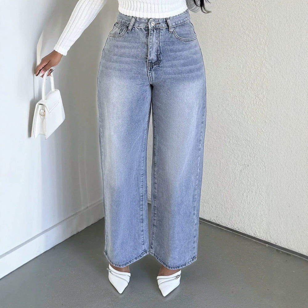 European and american style women's washed high-waisted wide-leg jeans - casual, loose-fit, cropped straight-leg denim pants