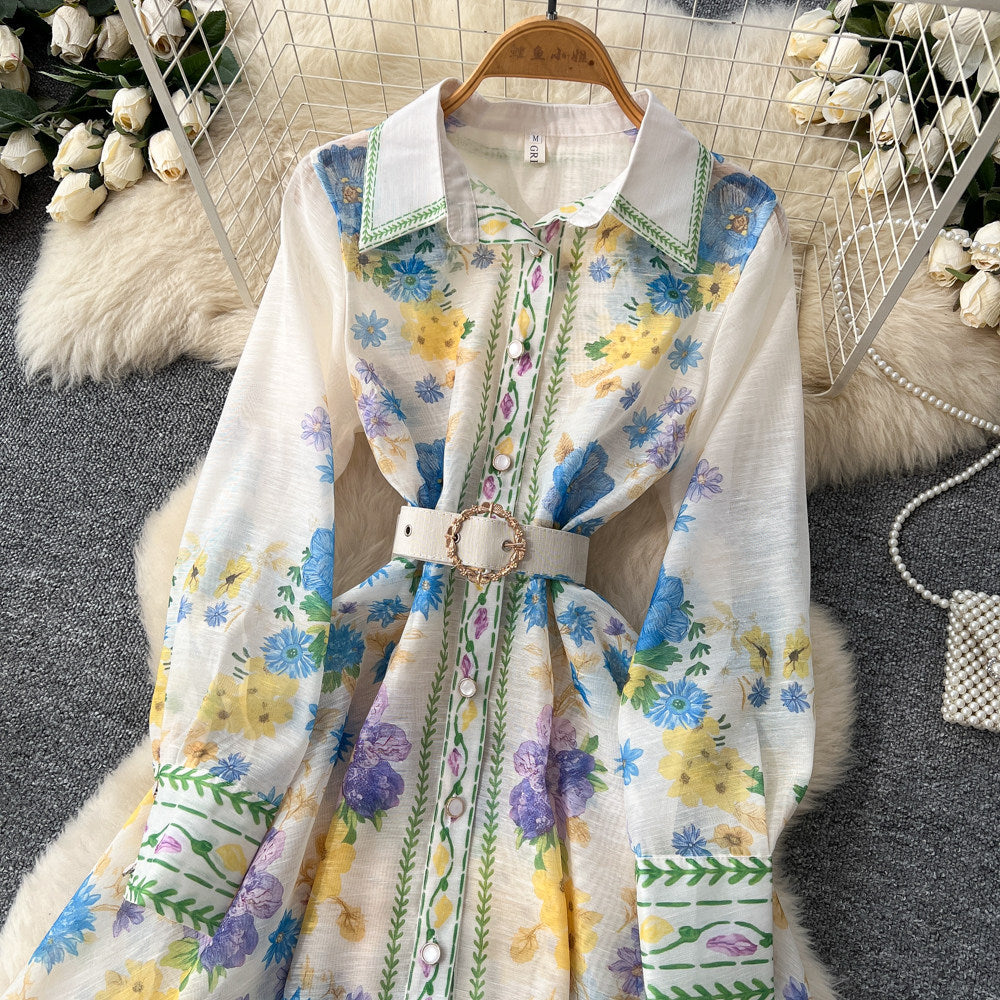 French retro print hollow-out dress - women's spring/summer long sleeve turn-down collar slimming a-line dress - vacation style