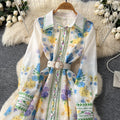 French retro print hollow-out dress - women's spring/summer long sleeve turn-down collar slimming a-line dress - vacation style