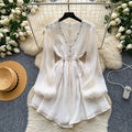 K-style heavy industry beading sexy pure desire dress women's summer purple v neck waist slimming lookelegant long skirt work clothing