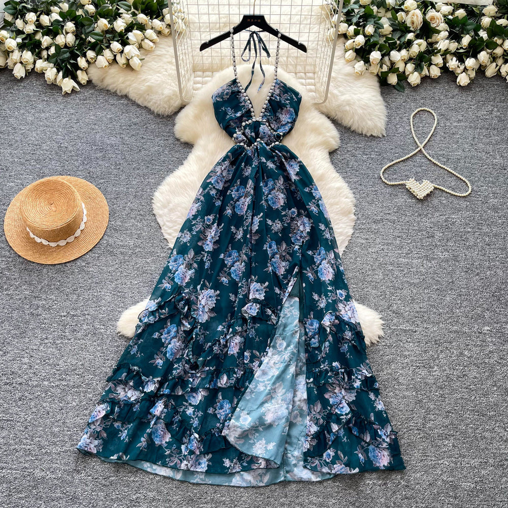 French holiday style v neckhalter floral dress women's summer beaded asymmetrical waist slimming lookruffles long skirt