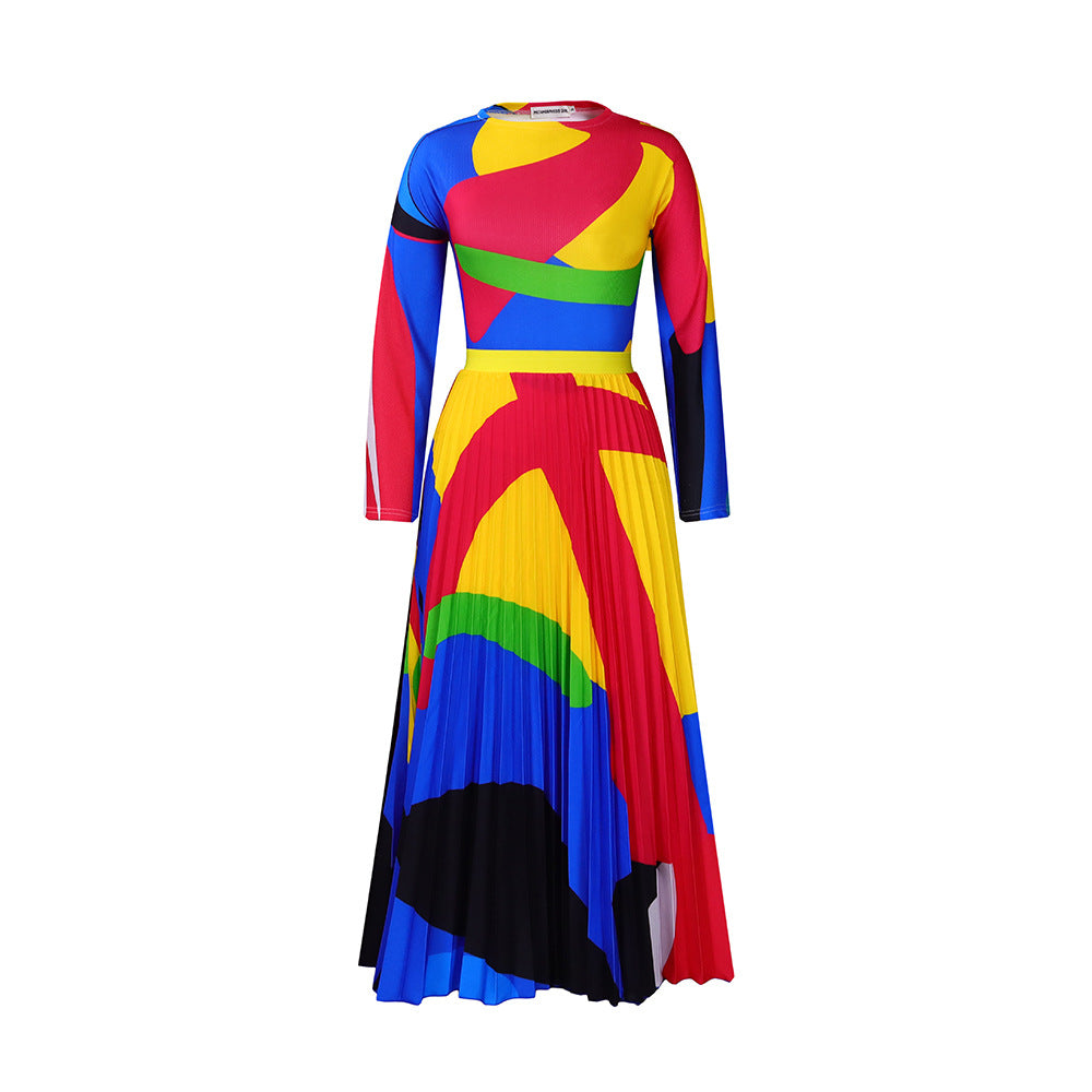 D420   autumn pleated print color block set - long sleeve top & fashionable midi skirt - european & american style two-piece outfit