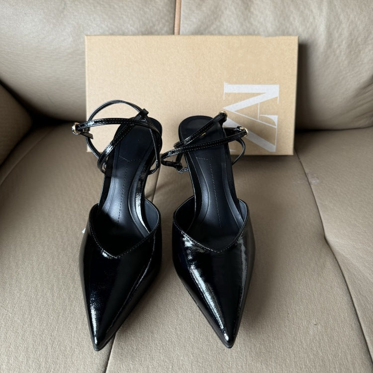 Spanish summer new arrivals: patent leather-effect strappy pointed-toe high heel sandals - open back, cut-out mules
