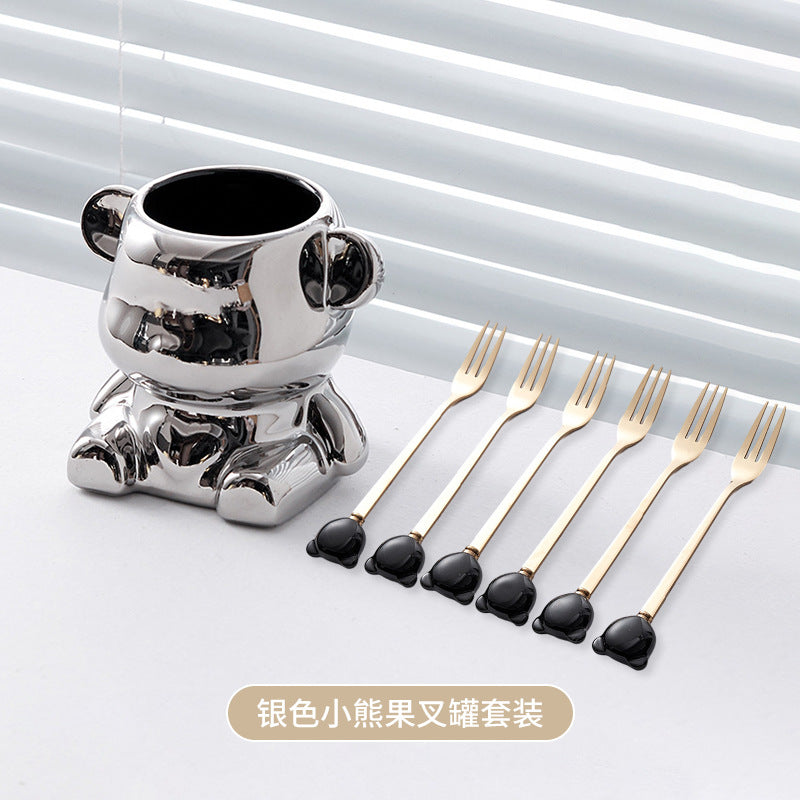 Ceramic bear stainless steel fruit fork set - stylish fruit picks, home use, light luxury forks and spoons, wholesale fruit forks