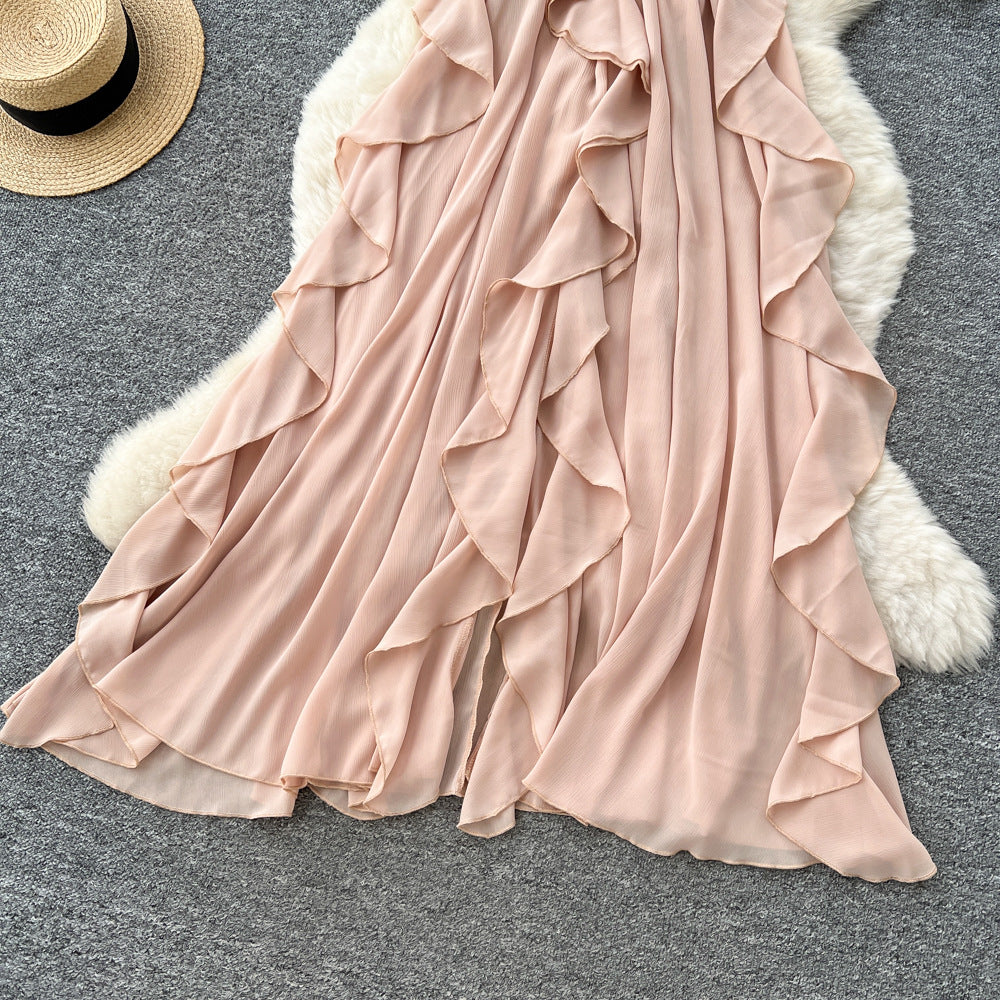 Pure desire style hollow stereo flower halter suspender dress women's vacation outfit rufflestube top long skirt