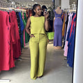 Fashion cross-border women's clothing  summernew arrivalelegant round neck drawstring sleeveless tops high waistpantscasualsuit